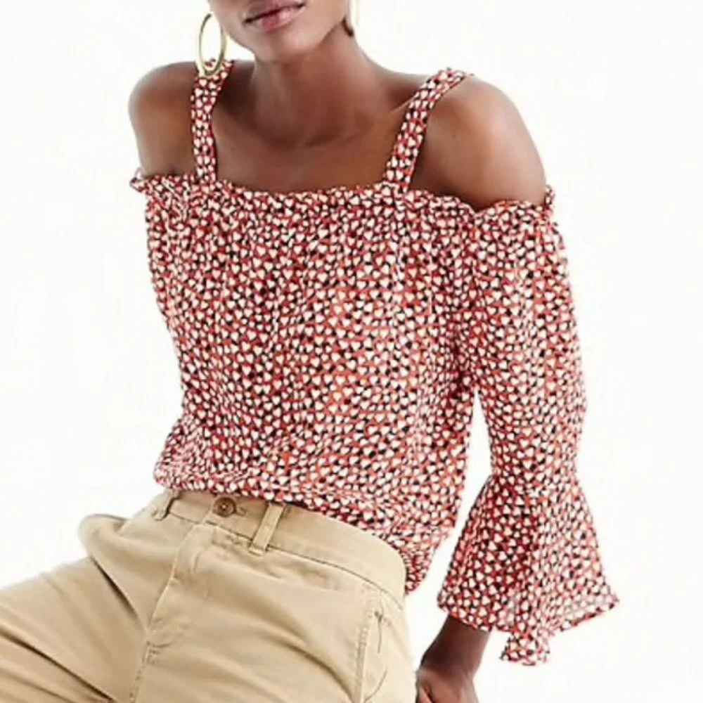 NWT J. Crew Orange, blue and white Silk off the shoulder blouse 2P